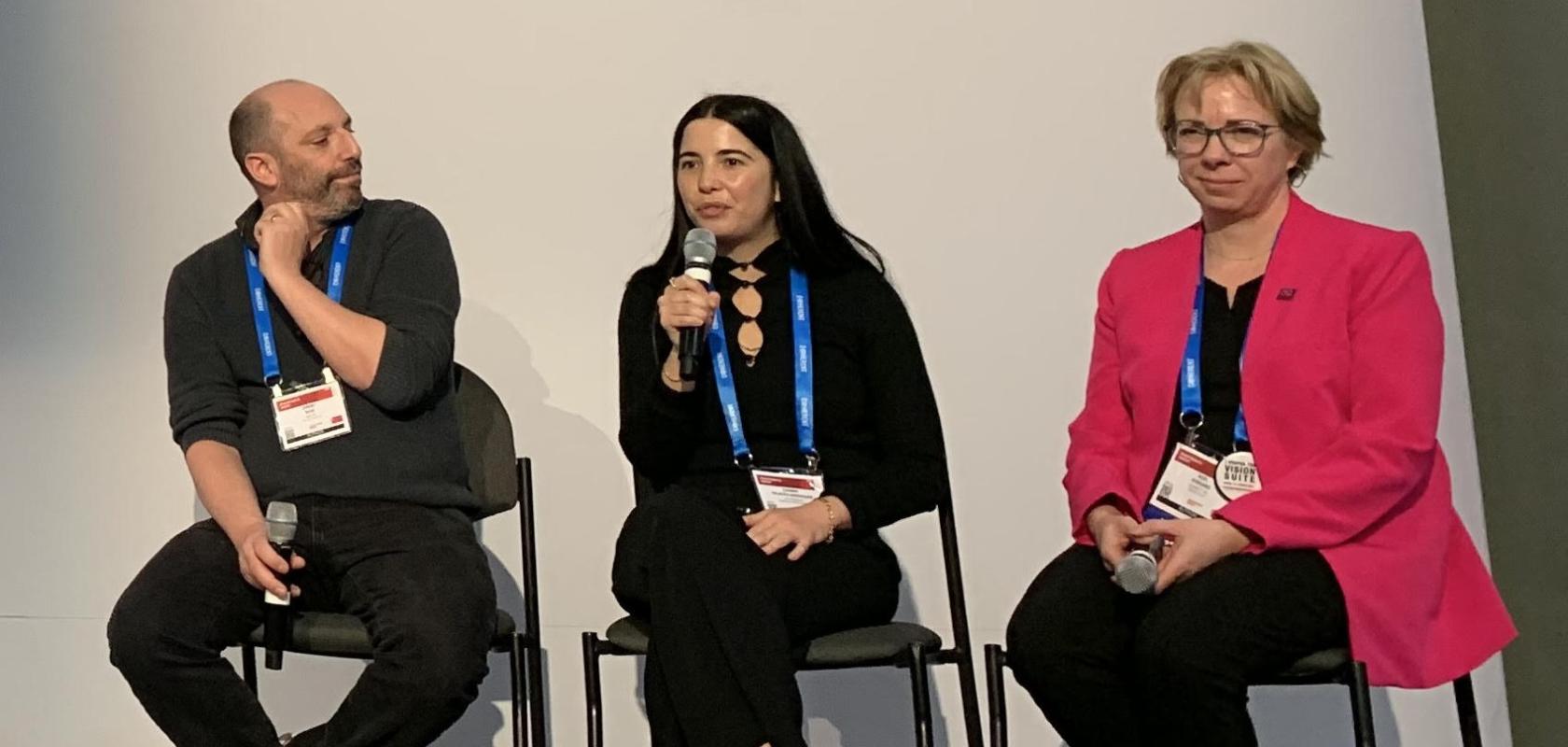 From left: Jeremy Sage, Director of Integrated Devices, IonQ; Carmen Palacios-Berraquero, CEO, Nu Quantum; and Noel Goddard; CEO, Qunnect, at Photonics West 2024