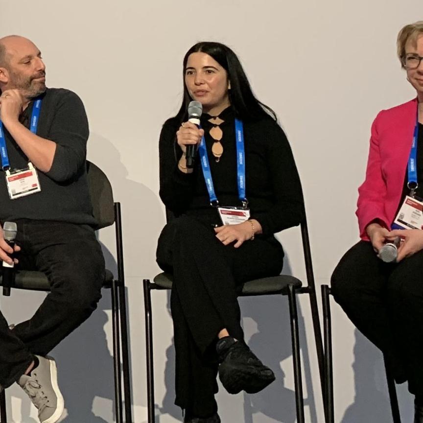 From left: Jeremy Sage, Director of Integrated Devices, IonQ; Carmen Palacios-Berraquero, CEO, Nu Quantum; and Noel Goddard; CEO, Qunnect, at Photonics West 2024