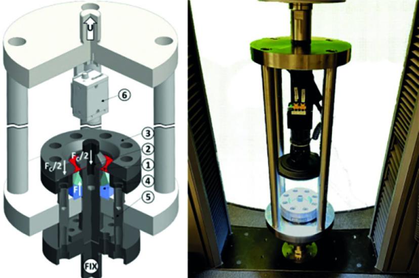 Diagram of V-bending imaging device that identifies and measures fracture strains in sheet metal