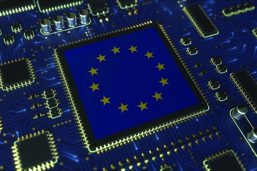 EU flag on semiconductor chip