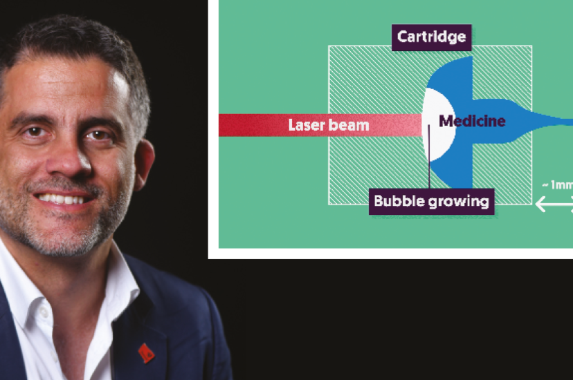 David Fernandez-Rivas, the co-founder of Flowbeams, and a diagram showing how the laser injector works