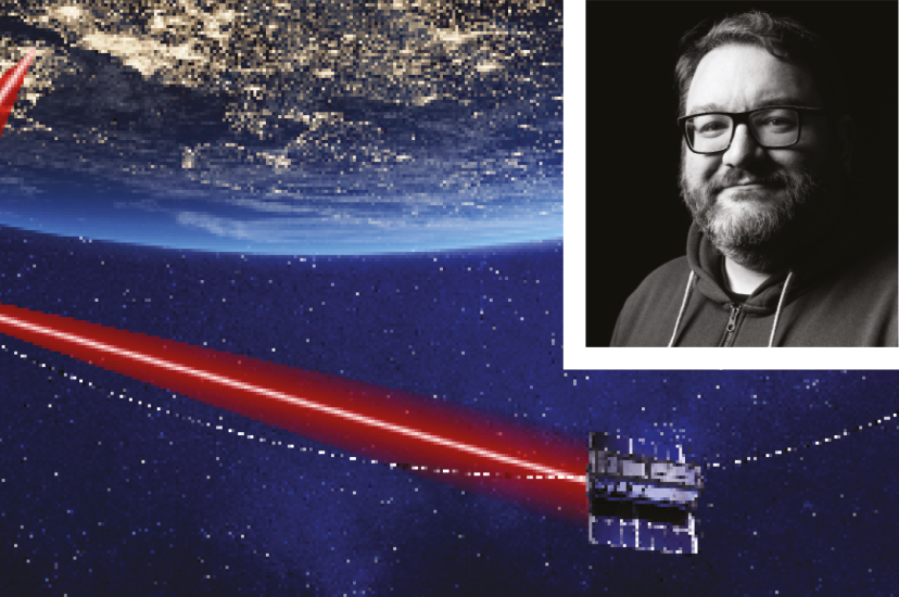 An artist’s impression of free-space optical communications satellites in action. Inset: Prof Robert Wicks, Head of the Space Technology Laboratory at Northumbria University