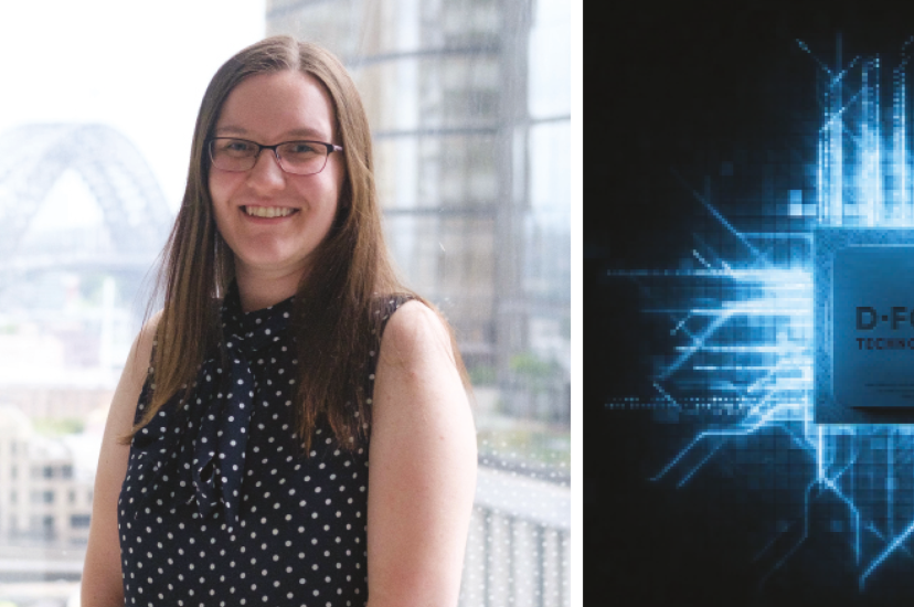 Katherine Kinder, Photonics Engineer at Advanced Navigation, and a fibre-optic gyroscope chip