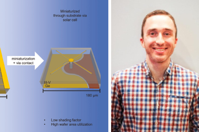 Left: A graphic showing the difference between a standard solar cell and a miniaturised solar cell. Right: the University of Ottawa’s Mathieu de Lafontaine 