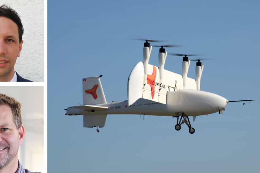 Composite picture of Sascha Hardegger, Dufour Aerospace; Michael Mayer, RiCopter UAV; a Dufour drone