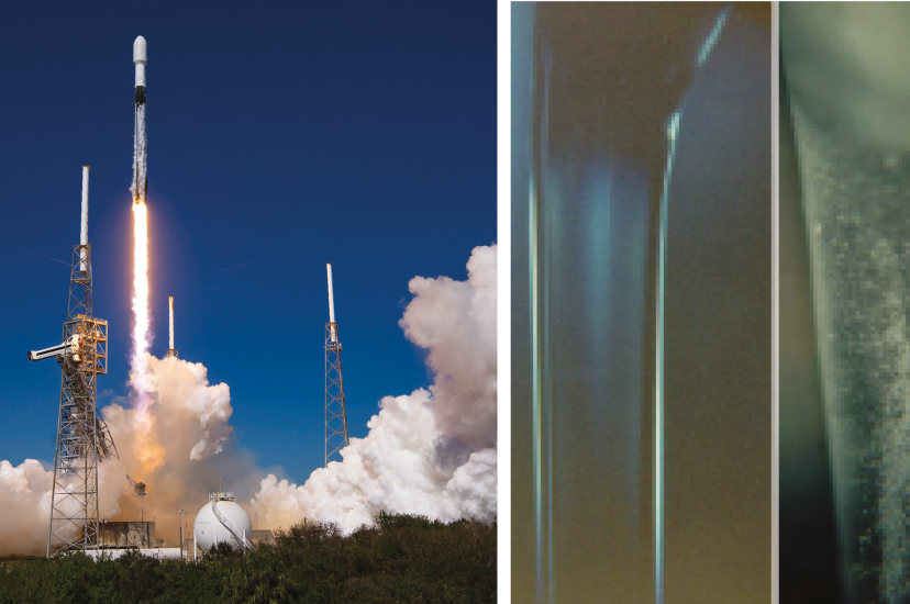 Rocket launch and close up of glass made in zero gravity