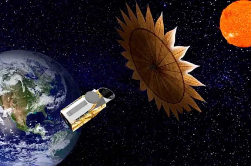 An illustration of NASA’s Habitable Worlds Observatory telescope behind its unfolded starshade