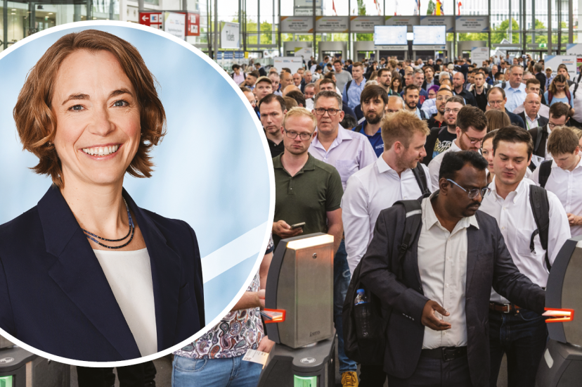Anke Odouli, Exhibition Director of Laser World of Photonics, inset against a crowd at the Laser World of Photonics event