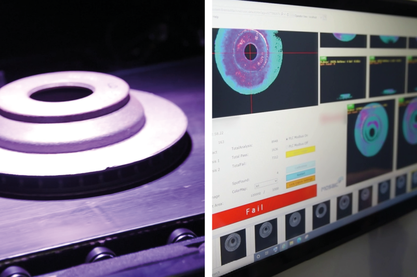 Left: An image of a brake disk under polarised light. Right: a hand ponting at a software screen