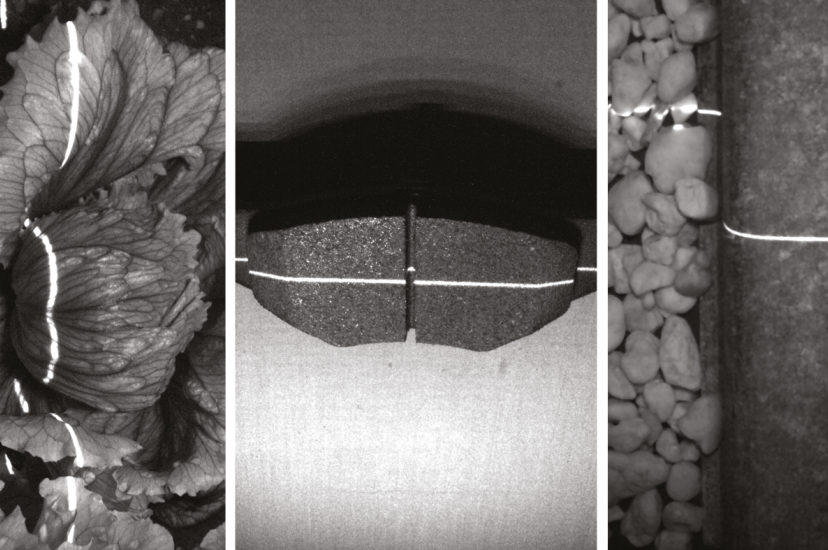 A shortwave infrared image of lettuce, a brake pad and a railroad rail