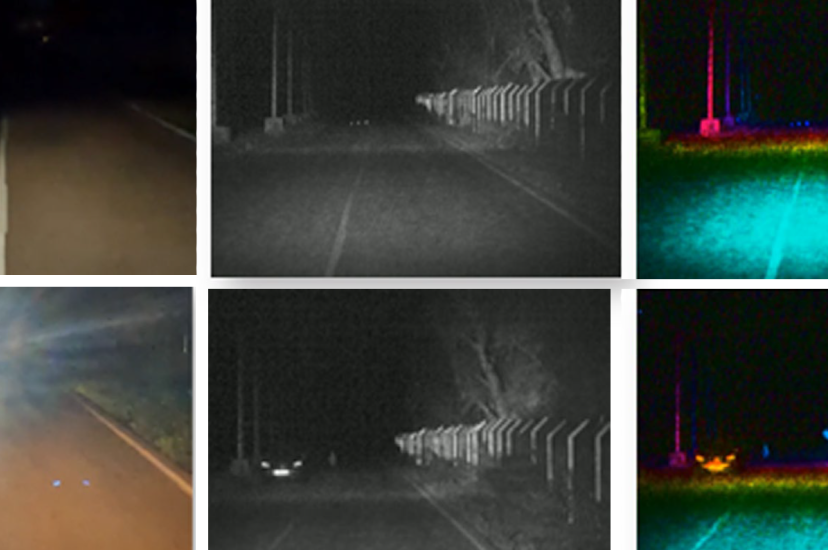 Images captured by (L-R) visible camera, SEDAR 2D and SEDAR 3D illustrate the detection capabilities of the system in different lighting and driving conditions. The SEDAR system detects a wooden pallet (top) and a person crossing behind an oncoming car (bottom) at 150m