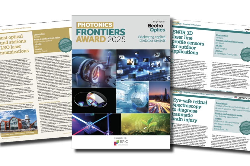 A magazine cover that reads Photonics Frontiers Award 2025 and some smaples of internal pages