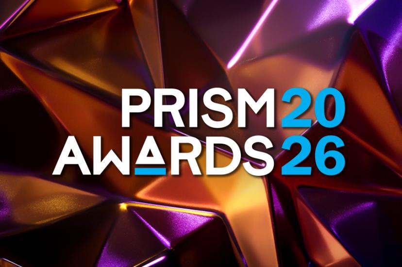 A text logo on a multi-coloured prismatic background. The text reads: Prism Awards 2026