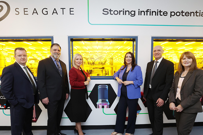 Kieran Donoghue, CEO, Invest NI; John Morris, CTO, Seagate; Michelle O’Neill, NI First Minister; Emma Little-Pengelly, NI Deputy First Minister; Fergus O’Donnell, VP of Wafer Operations NI, Seagate and NI Economy Minister, Dr. Caoimhe Archibald