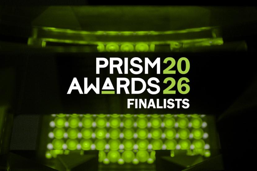 An array of green LEDs in the background. Overlaid text reads Prism Award 2026 Finalists