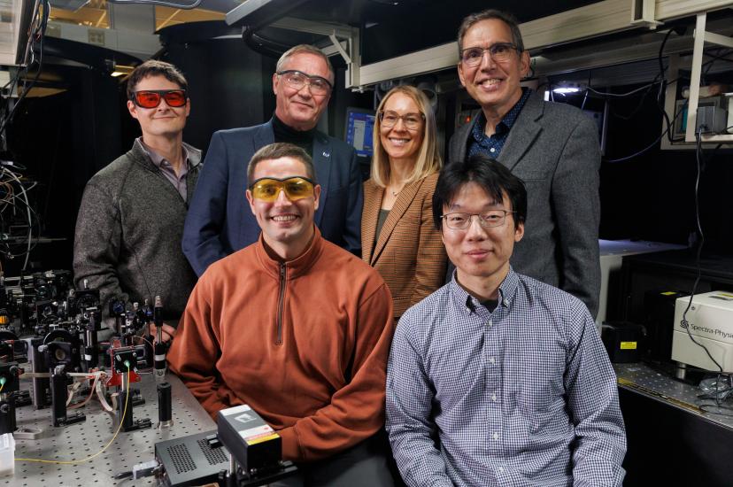 Colton Fruhling, post-doctoral researcher; Vladimir Shalaev; Alexandra Boltasseva, the Ron and Dotty Garvin Tonjes Distinguished Professor in Electrical and Computer Engineering; Alexander Kildishev, professor; Peigang Chen and Demid Sychev