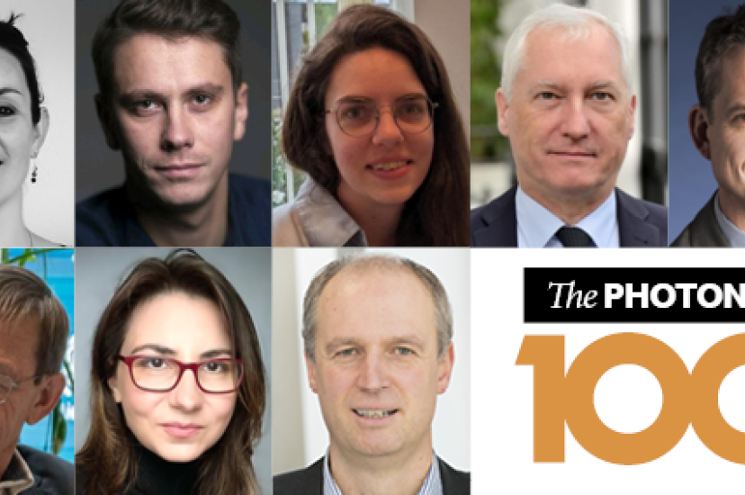 A montage of faces from The Photonics100 next to the Photonics100 logo