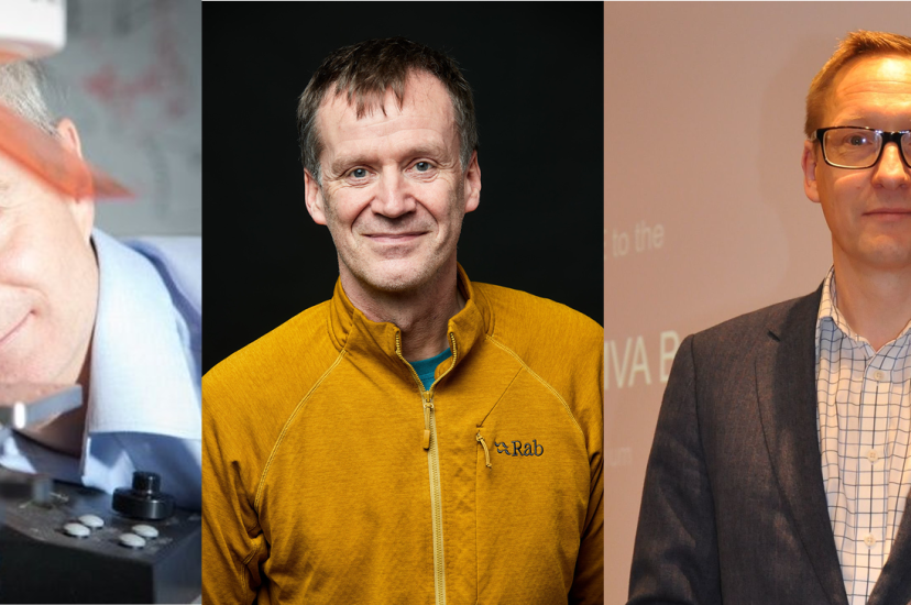 Three side-by-side portraits of male photonics professionals: on the left, a man peers closely at optical laboratory equipment illuminated by a green laser; in the centre, a man in a mustard-yellow jacket poses against a dark background; on the right, a man wearing glasses and a suit stands in front of a presentation screen at a conference setting.