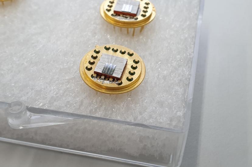 A golden optical modulator chip on a white background