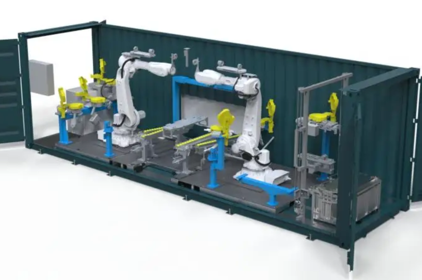 Visualisation of the module battery recycling facility fitting inside the footprint of a standard shipping container