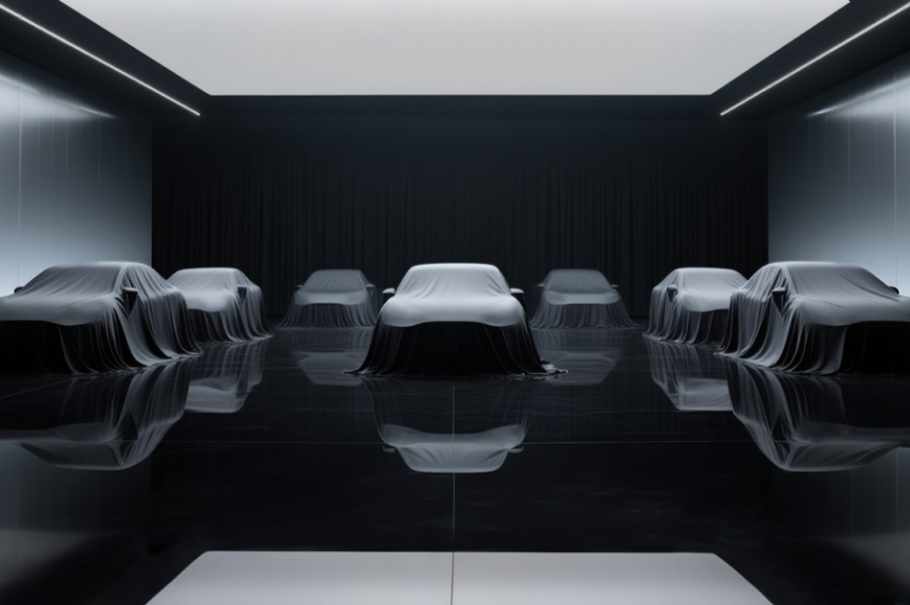 Stationary cars covered in dark sheets
