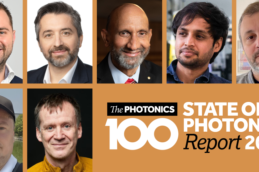 A montage of men's faces over the logo of The Photonics100 State of Photonics Report
