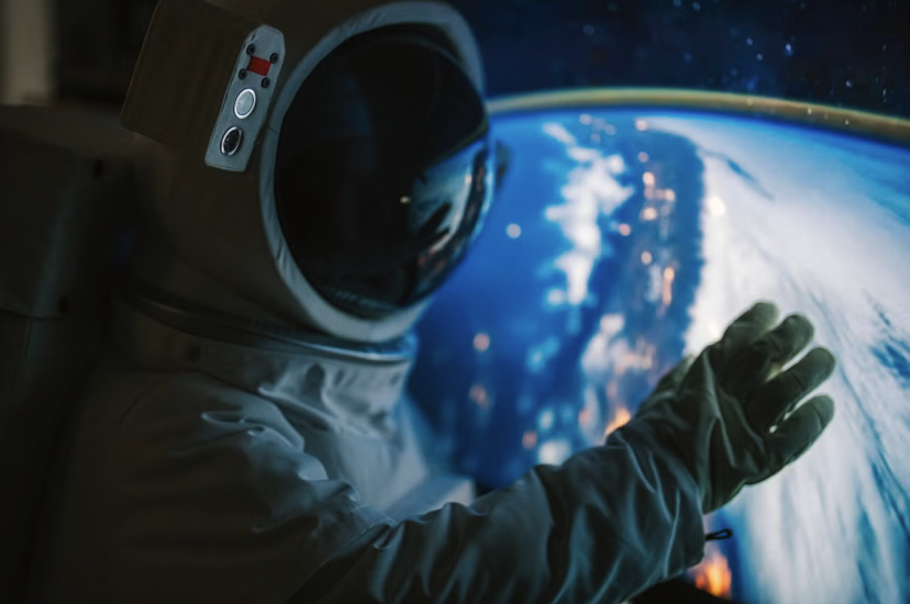 Person in spacesuit in front of image of Earth