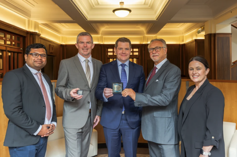(left-right:) Pilot Photonics Product Strategist Amol Delmade, Pilot Photonics CTO Frank Smyth, Minister for Enterprise, Tourism and Employment Peter Burke, Pilot Photonics CEO William Oppermann and Pilot Photonics CFO Nicola Smyth