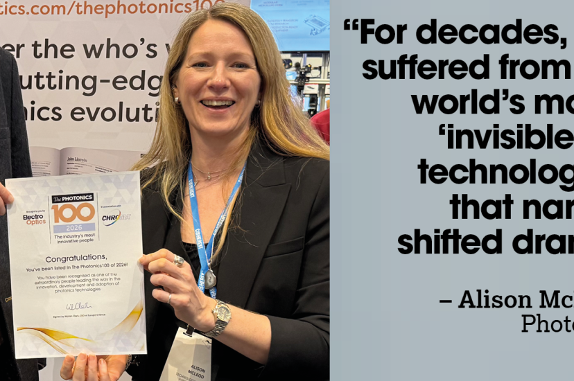 A picture of a blonde woman wearing a black jacket, acceptin a certificate. The quote next to her reads: "“For decades, photonics suffered from being the world’s most crucial ‘invisible’ enabling technology… today,  that narrative has  shifted dramatically – Alison McLeod, director, Photonics Scotland”