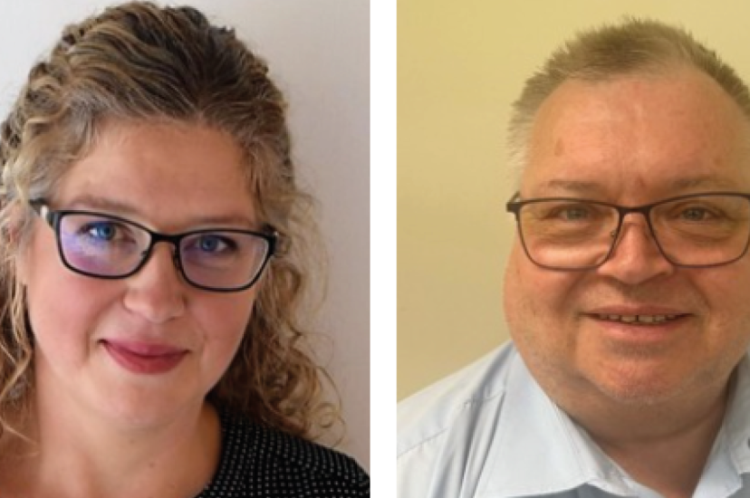 Two headshots - a white woman with glasses on the left and a white man with glasses on the right