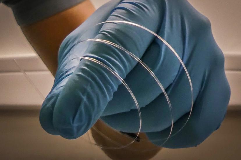 flat optical fibre in gloved hand