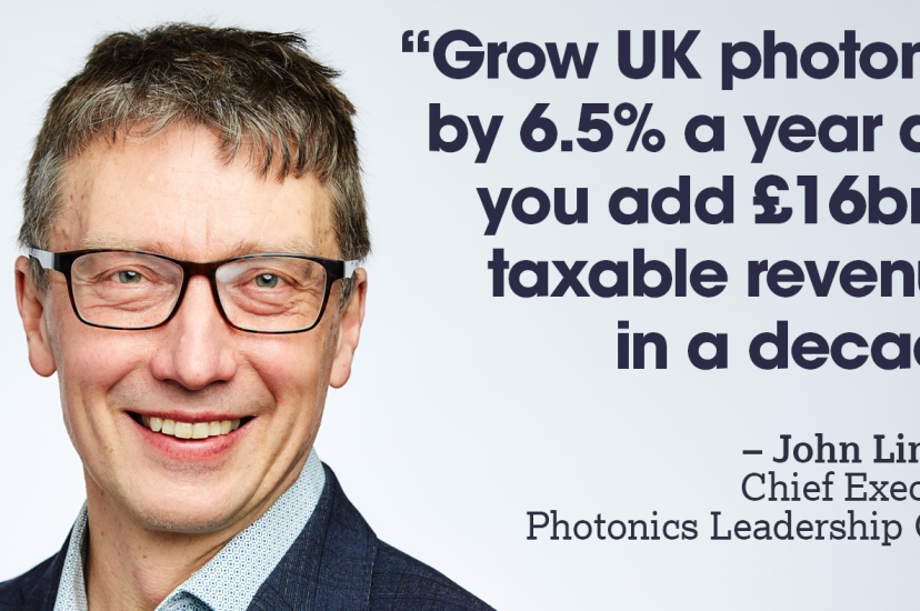 An image of a white man wth glasses wearing a blue suit. Next to him is a quote that reads: "“Grow UK photonics by 6.5% a year and you add £16bn of taxable revenues  in a decade” – John Lincoln,  Chief Executive,  Photonics Leadership Group 