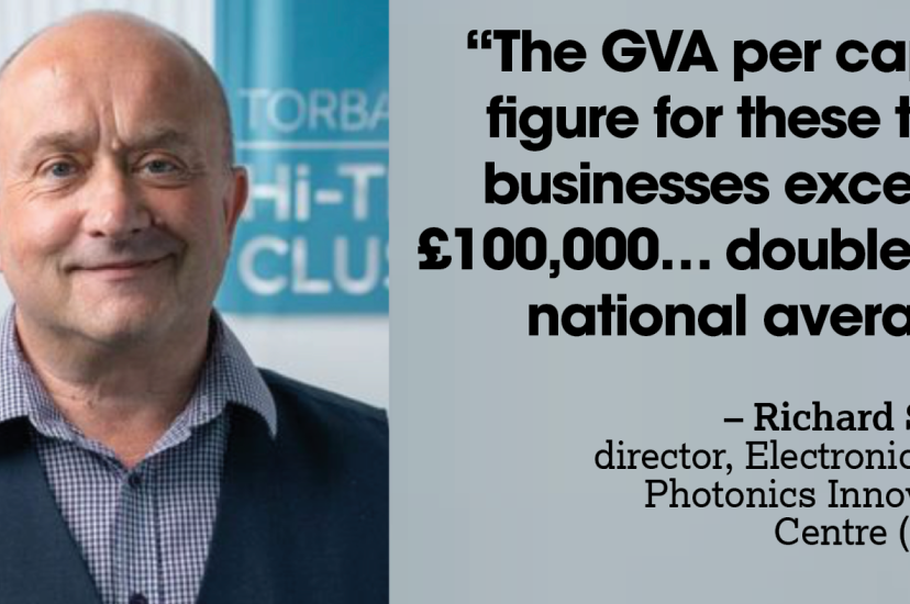 A bald man wearing a blue seater and shirt. Next to him is a quote that reads: "“The GVA per capita figure for these tech businesses exceeds £100,000… double the national average – Richard Scutt, director, Electronics and Photonics Innovation Centre (EPIC)”