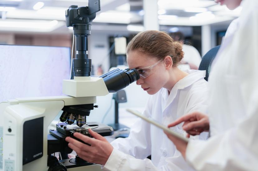 Team of female scientists collaborating in digital pathology lab. Young researcher adjusting microscope while colleague observes with tablet for medical diagnosis