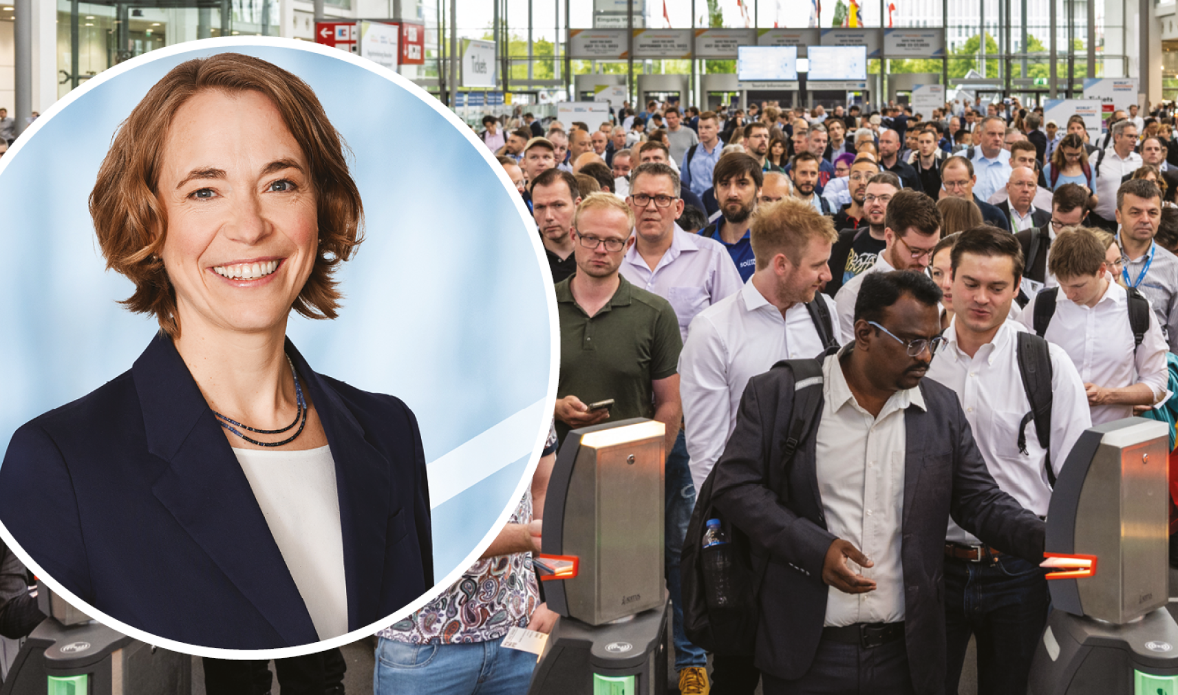 Anke Odouli, Exhibition Director of Laser World of Photonics, inset against a crowd at the Laser World of Photonics event