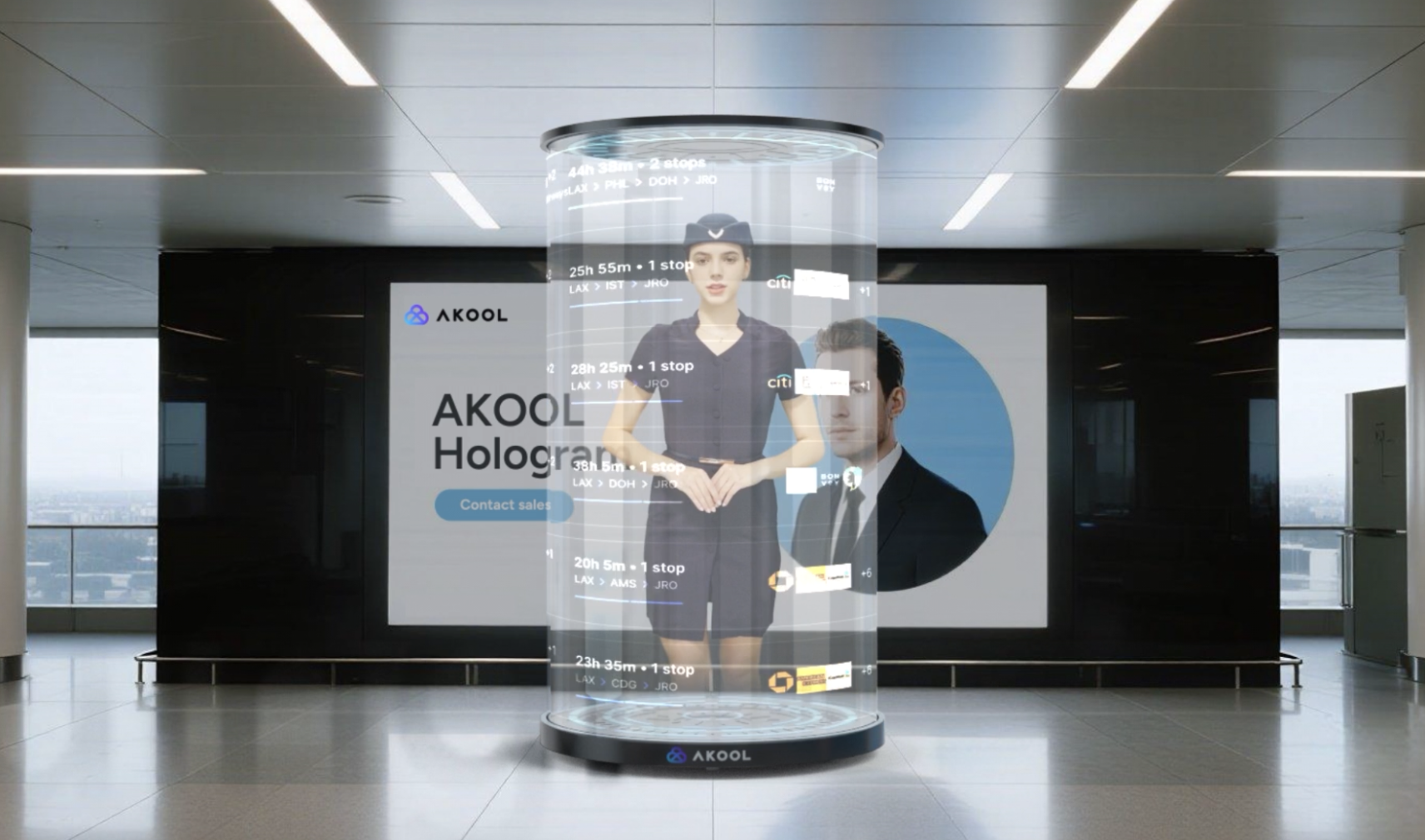 AKOOL Holographic Avatar Display Series in an airport setting