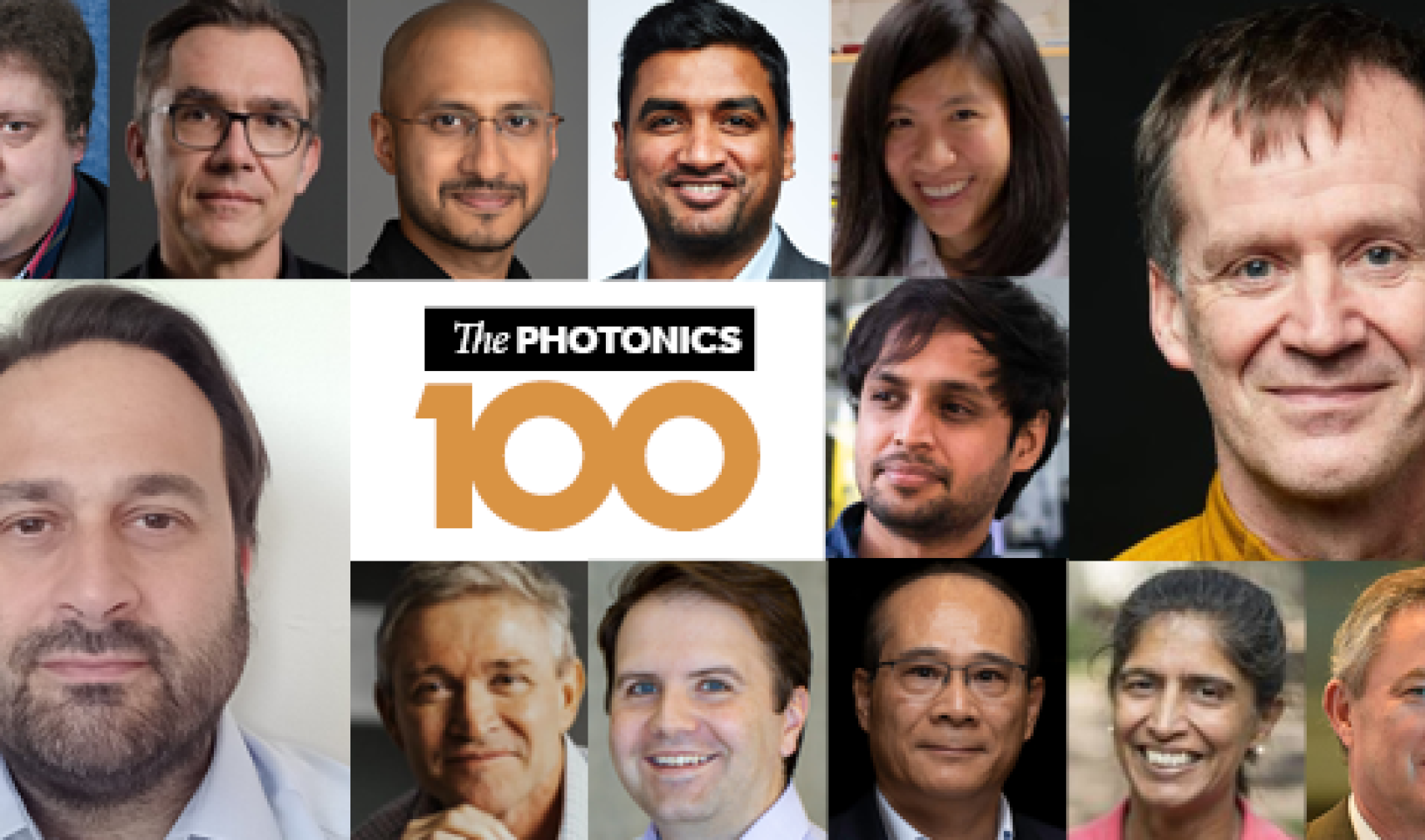 A montage of faces from The  Photonics100 next to The Photonics100 logo