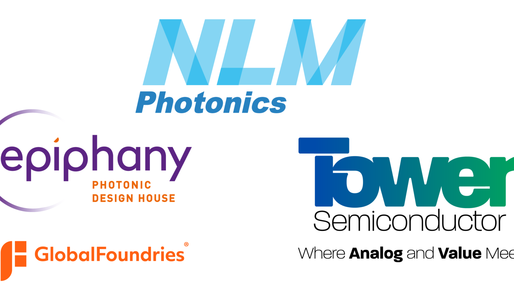 NLM Photonics, Epiphany Design, GlobalFoundries and Tower Semiconductor logos
