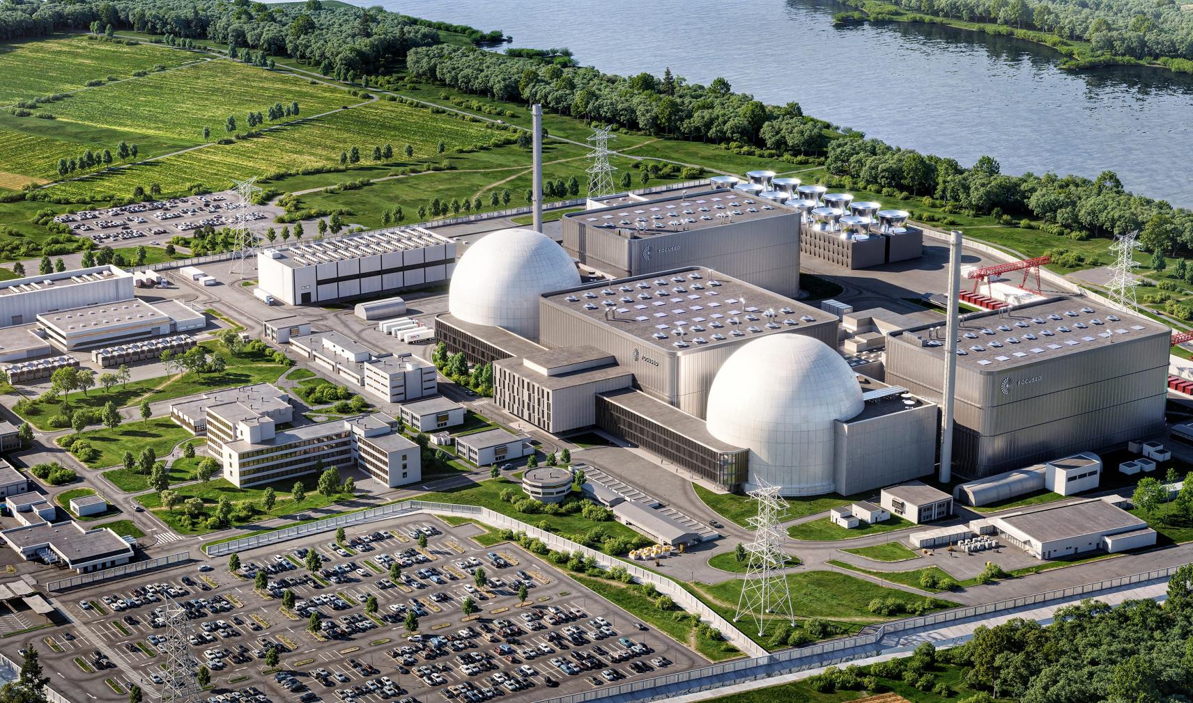 Rendering of Focused Energy laser fusion power plant in Biblis, Germany