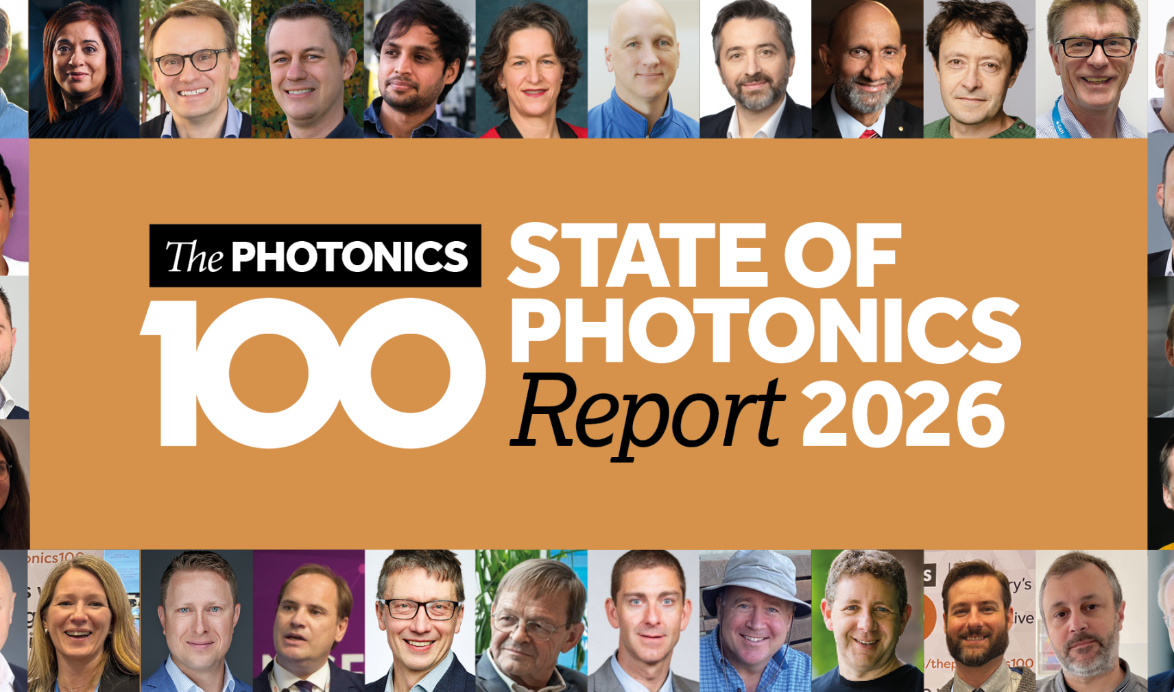 Montage of faces from the Photonicd 100 2026, surrounding the Photonics100 2026 logo in black and orange