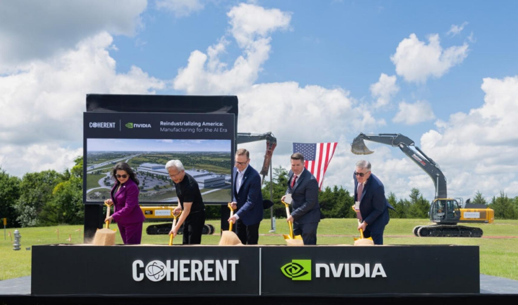 Coherent and Nvidia employees dig for photo in groundbreaking ceremony