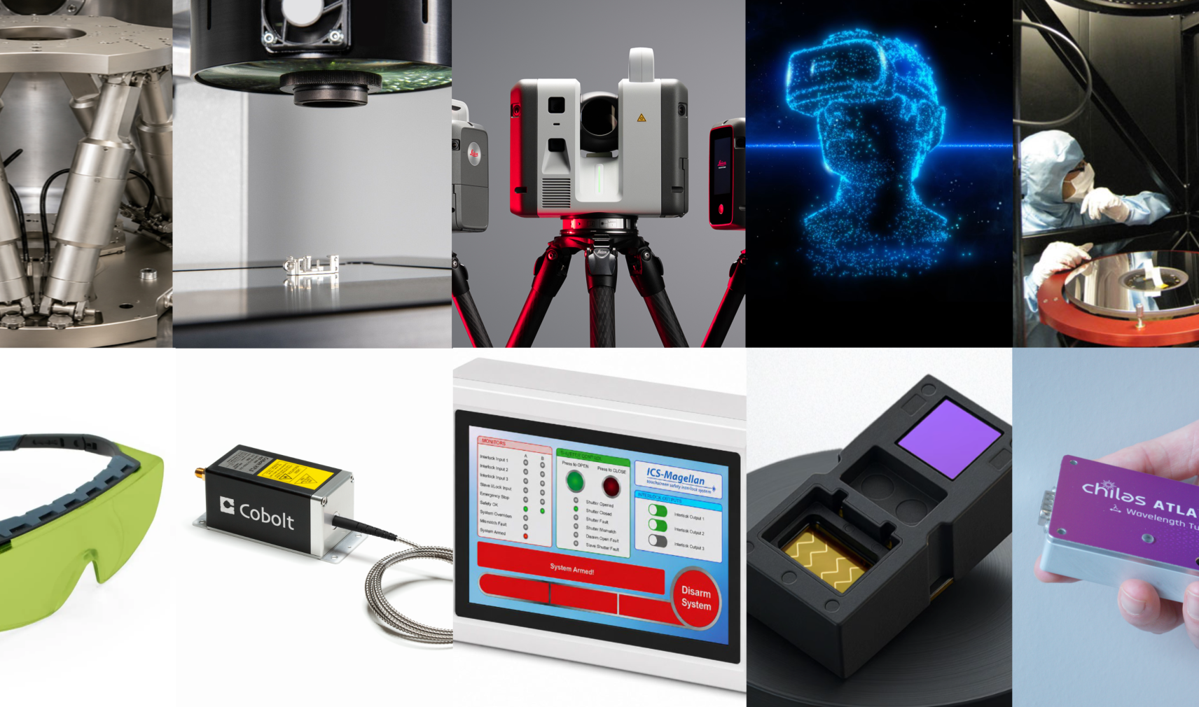 products from Physik Instrumente, OGP, Leica Geosystems, Trioptics, Optical Surfaces, Chilas, STMicroelectronics, Lasermet,  Hübner Photonics and NoIR