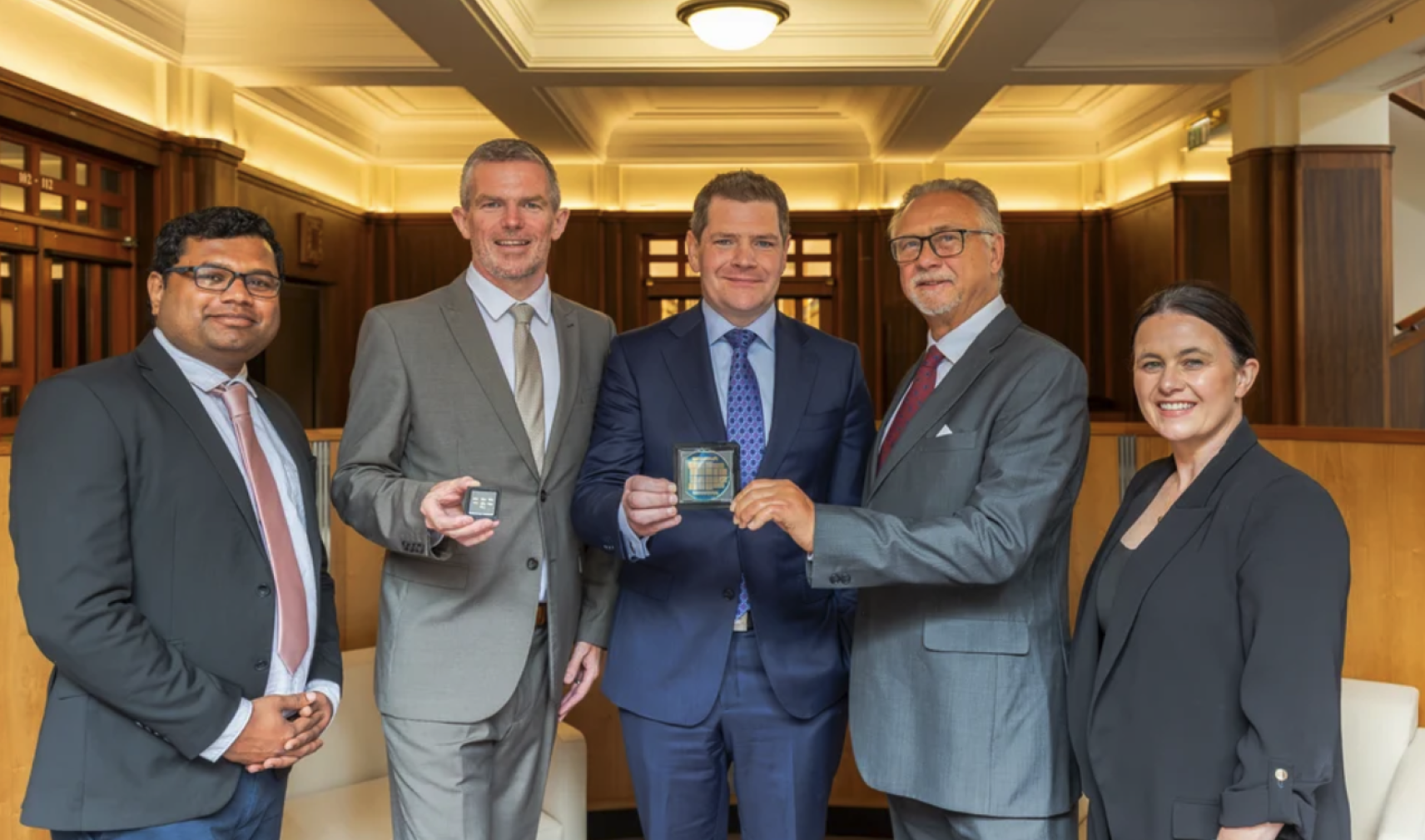 (left-right:) Pilot Photonics Product Strategist Amol Delmade, Pilot Photonics CTO Frank Smyth, Minister for Enterprise, Tourism and Employment Peter Burke, Pilot Photonics CEO William Oppermann and Pilot Photonics CFO Nicola Smyth