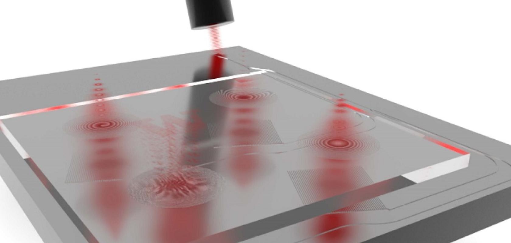 A photonic integrated circuit guides input light received from an optical fibre to a separate meta-optics chip, which bends the light into desired shapes in free space. (Image: Tanguy et al.) 