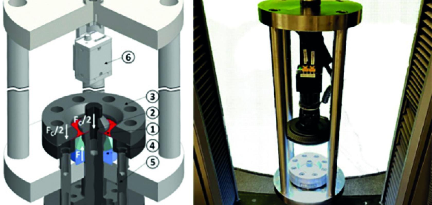 Diagram of V-bending imaging device that identifies and measures fracture strains in sheet metal