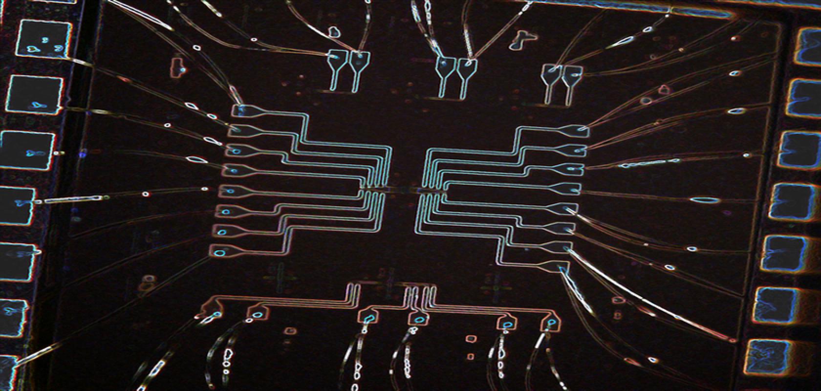 The electrically controlled coupled cavity array in the team’s new silicon photonic chip (Image: UW ECE)