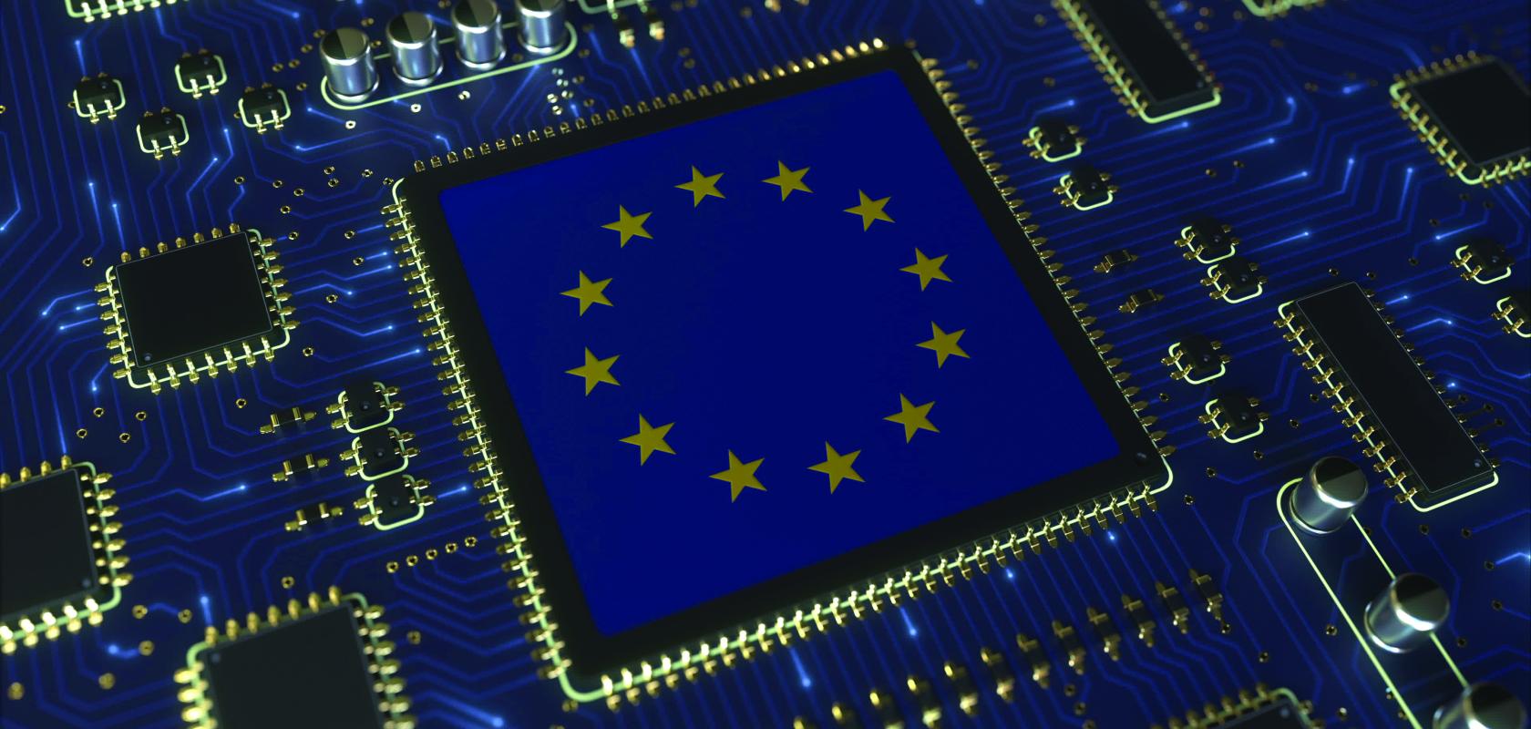 EU flag on semiconductor chip