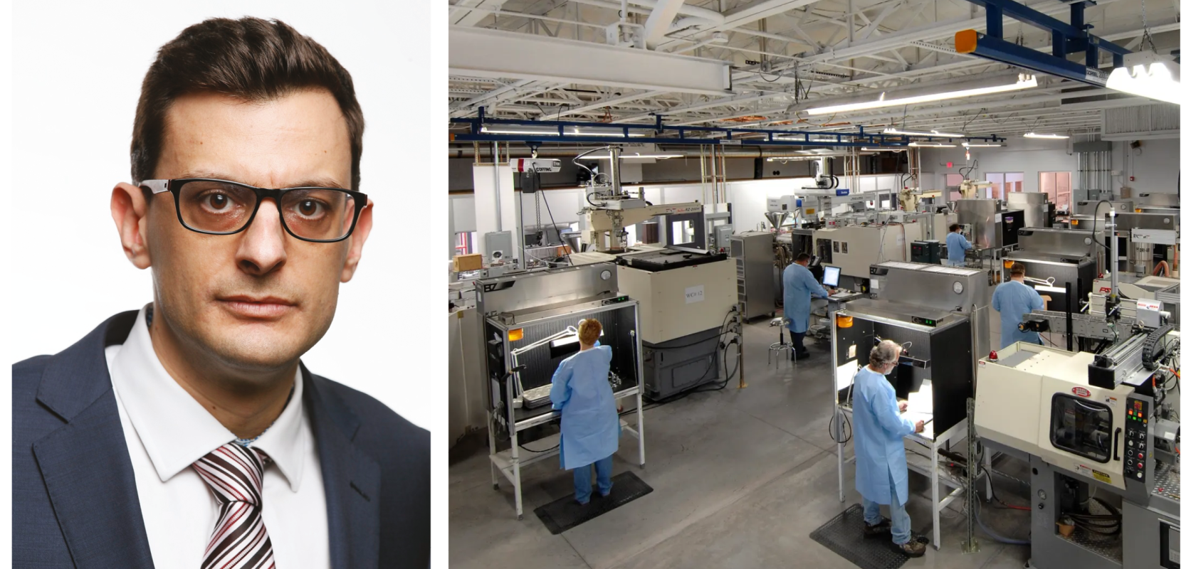 Stratos Kehayas, G&H CTO, and the manufacturing floor at the newly acquired G&H | GS Optics in Rochester, New York