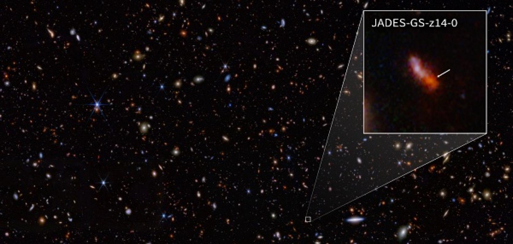 Image from the near-infrared camera (NIRCam) aboard the James Webb Space Telescope (JWST) of JADES-GS-z14-0, the earliest known galaxy