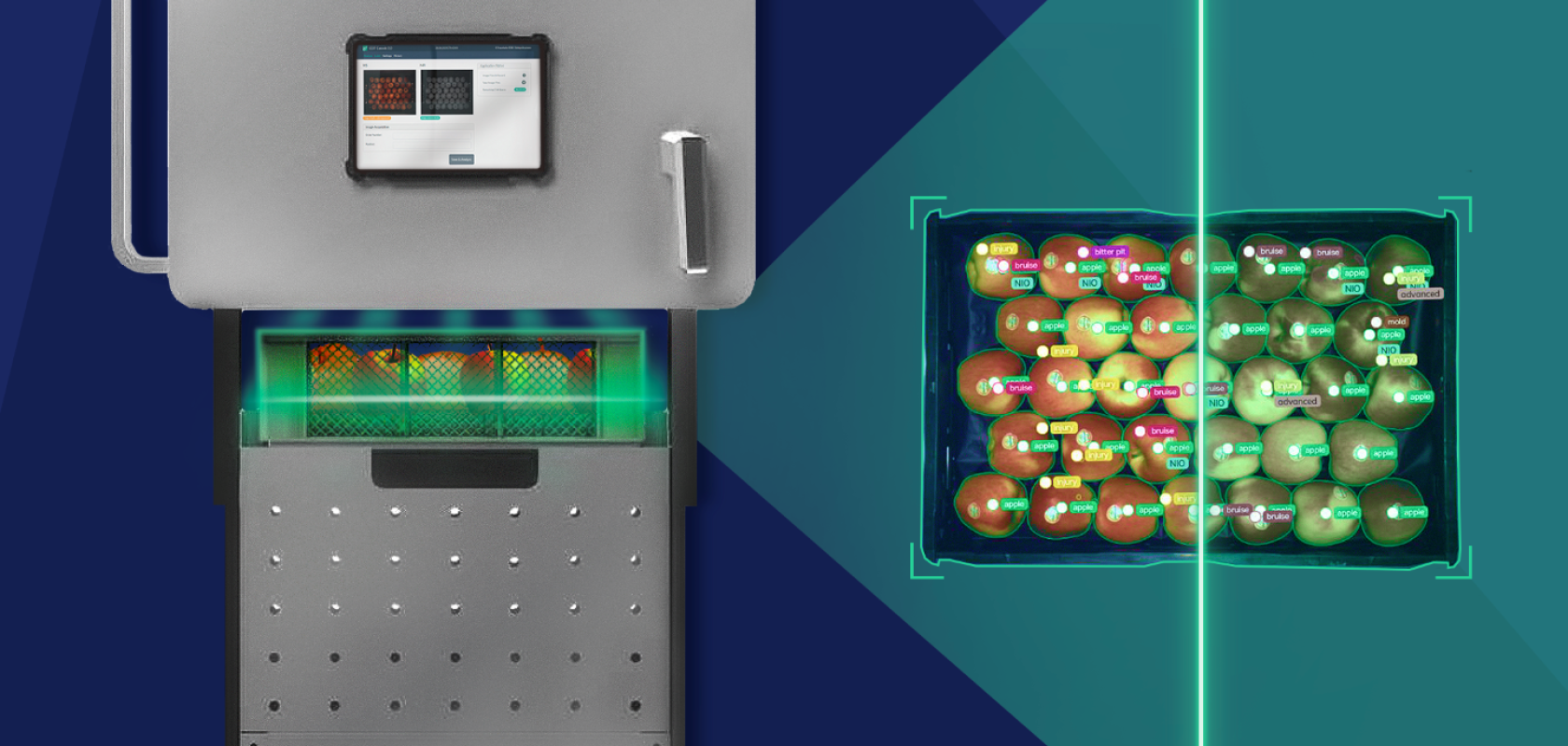 A fruit scanner machine examines a box of apples